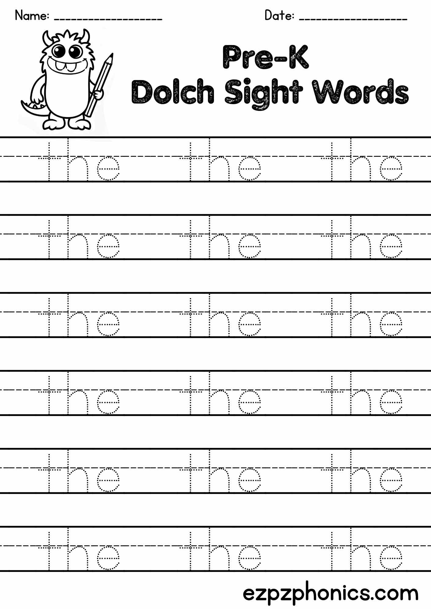 "the" Sight Word Tracing Worksheet Pre Kindergarten Free PDF Download